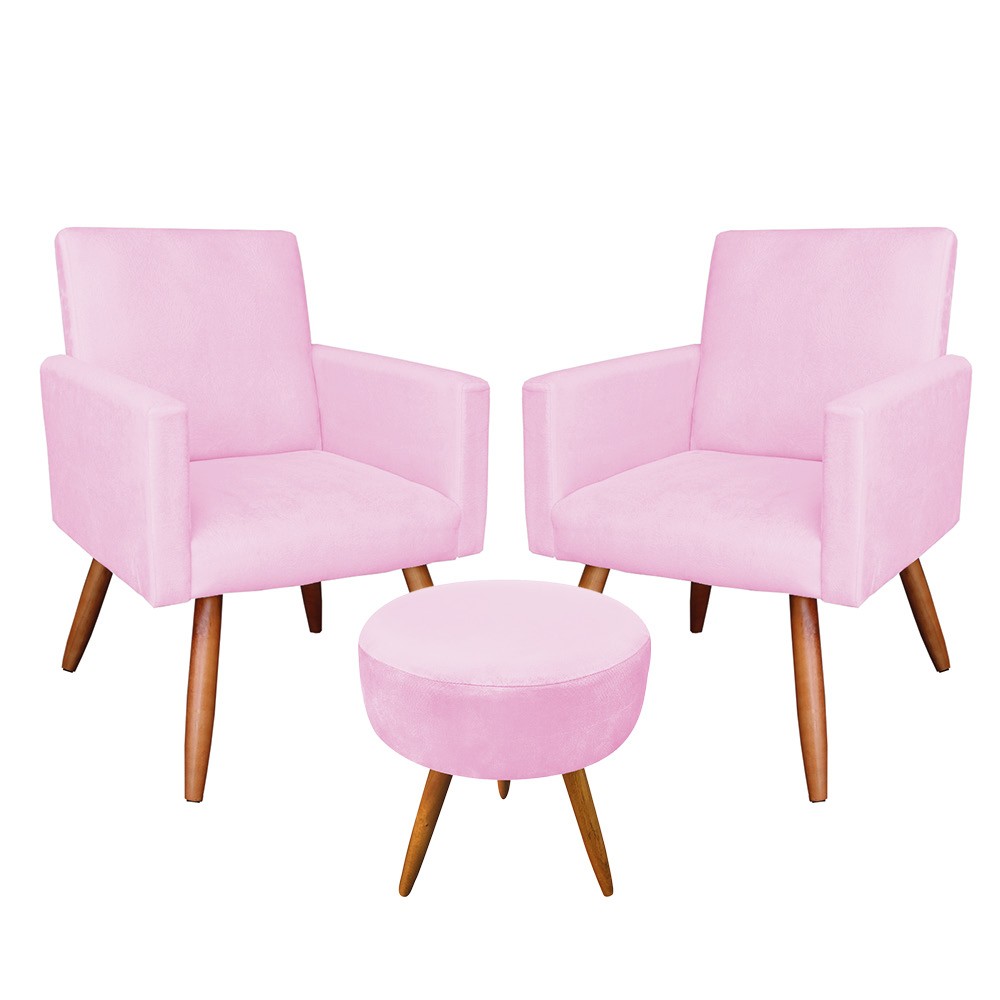 Kit 02 Poltronas com 01 Puff Larissa Suede Rosa Bebê Pés Palito Castanho D'Rossi