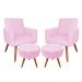 Kit 02 Poltronas com 02 Puffs Larissa Suede Rosa Bebê Pés Palito Castanho D'Rossi