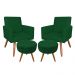 Kit 02 Poltronas com 02 Puffs Larissa Suede Verde Pés Palito Castanho D'Rossi