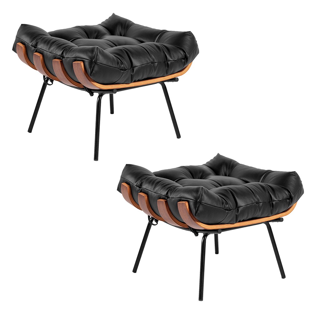 Kit 02 Puffs Costela Couro Preto Base Metal D'Rossi
