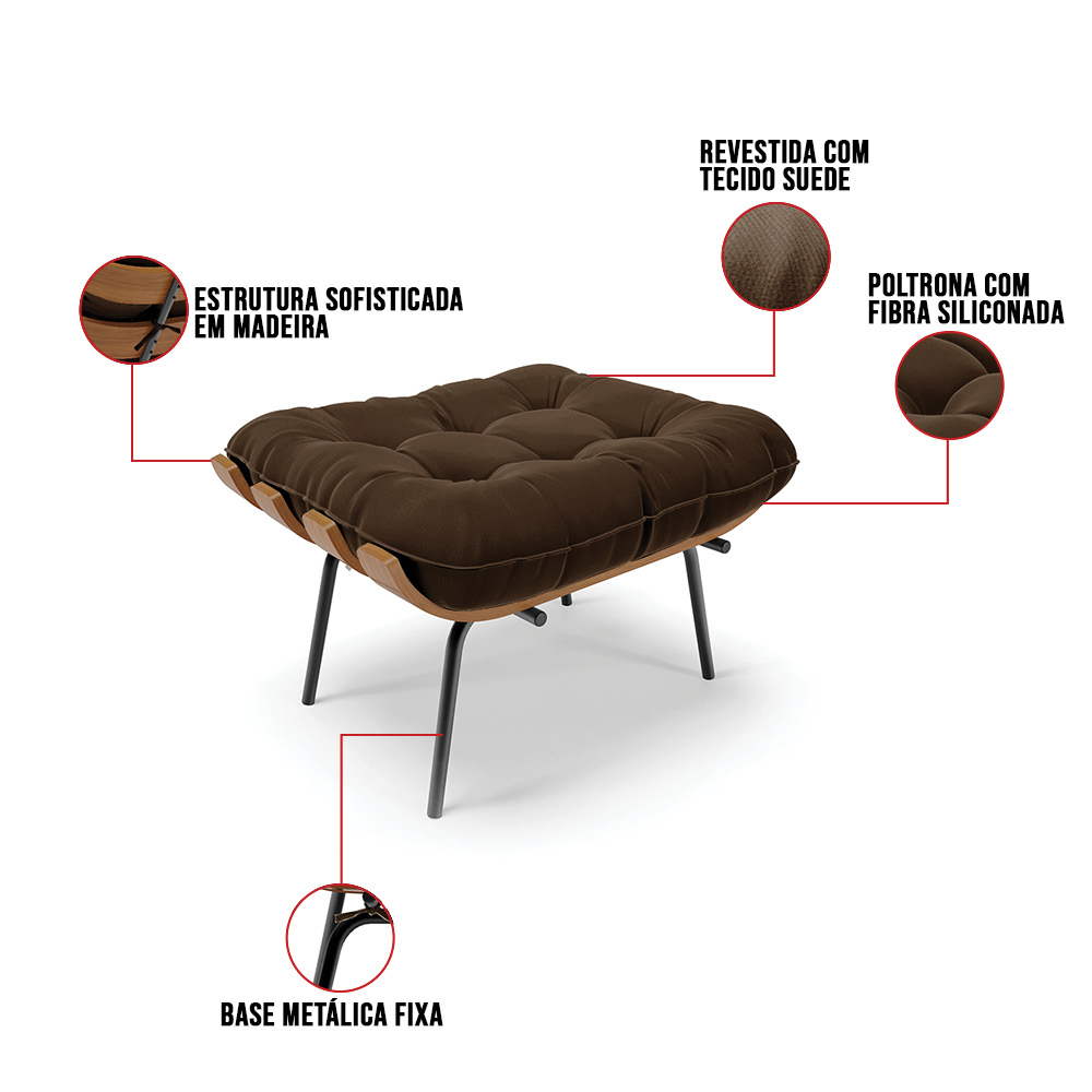 Kit 02 Puffs Costela Suede Marrom Base Metálica Preto - D'Rossi