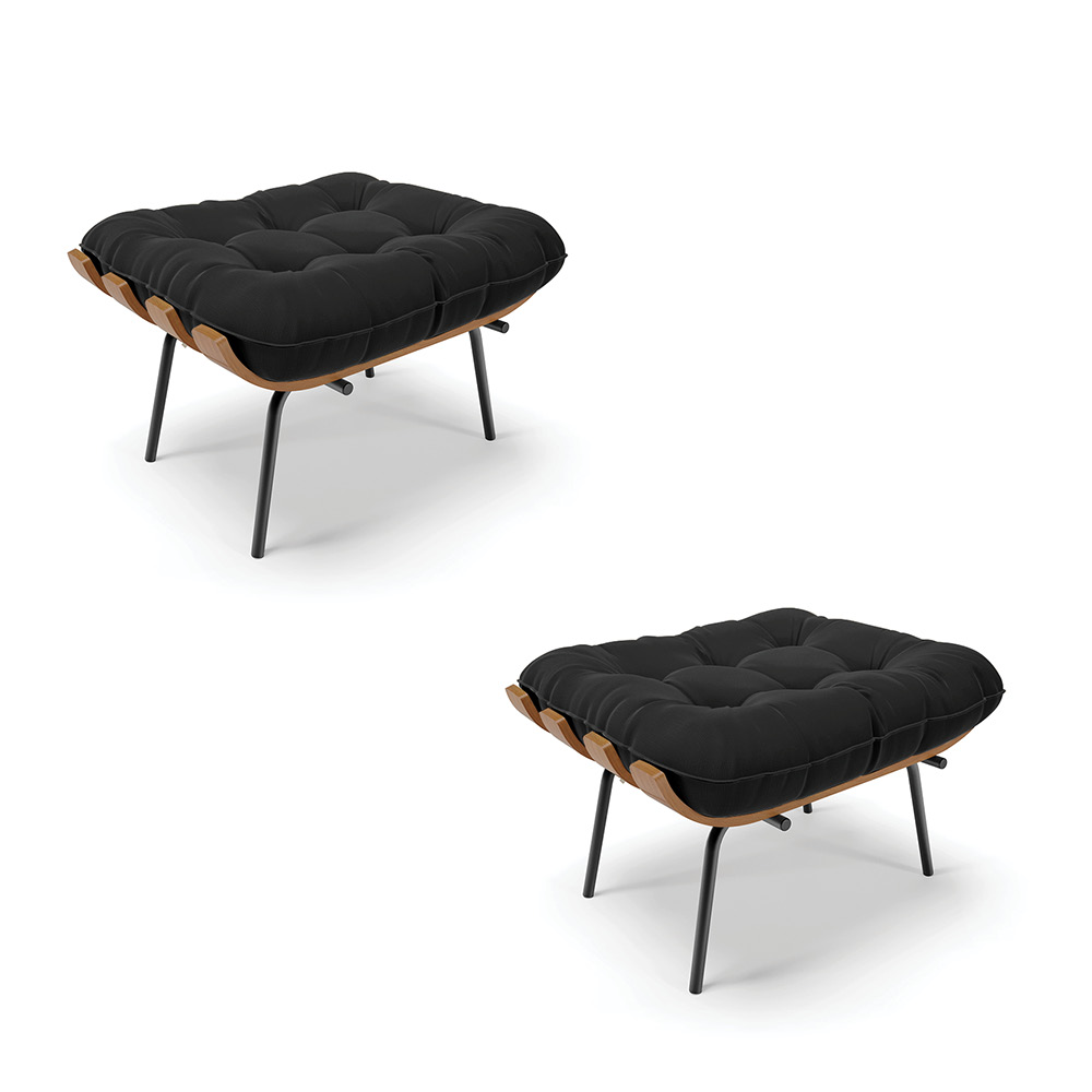 Kit 02 Puffs Costela Suede Preto Base Metálica Preto - D'Rossi