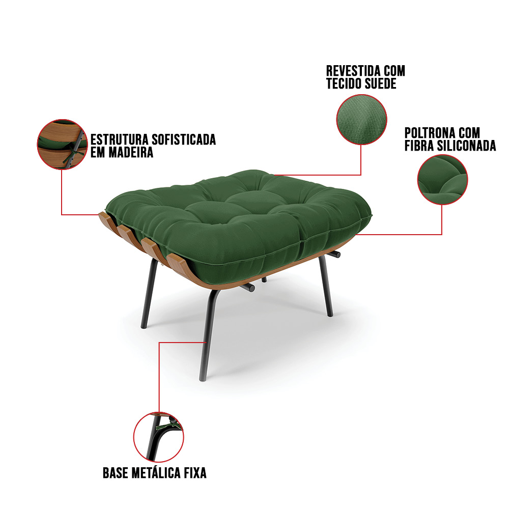 Kit 02 Puffs Costela Suede Verde Base Metálica Preto - D'Rossi