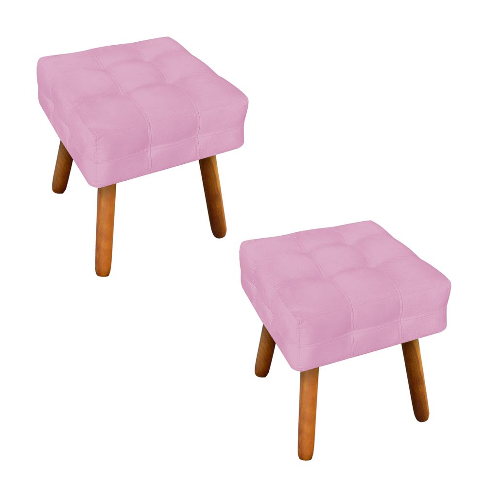 Kit 02 Puffs Elisa Suede Rosa Bebê Pés Palito Castanho D'Rossi