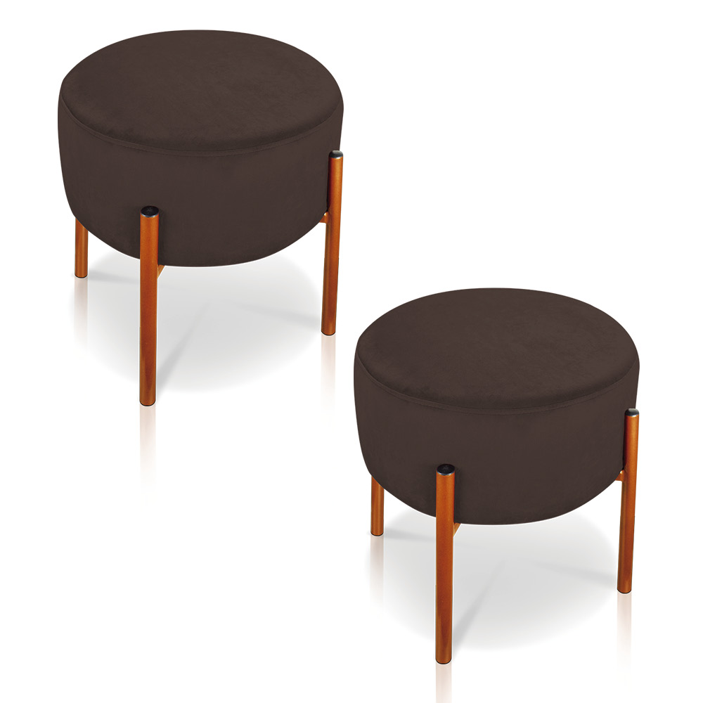 Kit 02 Puffs Iron Suede Marrom Base Metálica Cobre - D'Rossi