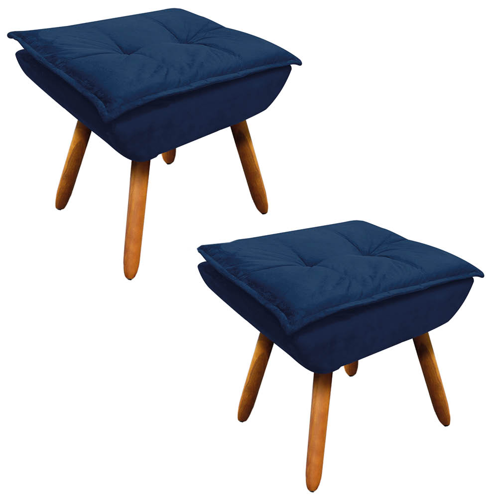 Kit 02 Puffs Opala Suede Azul Marinho Pés Palito Castanho D'Rossi