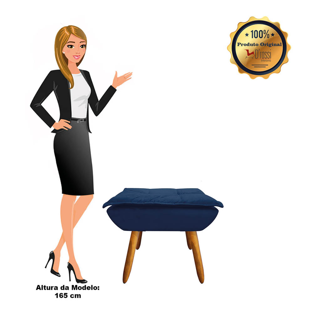 Kit 02 Puffs Opala Suede Azul Marinho Pés Palito Castanho D'Rossi