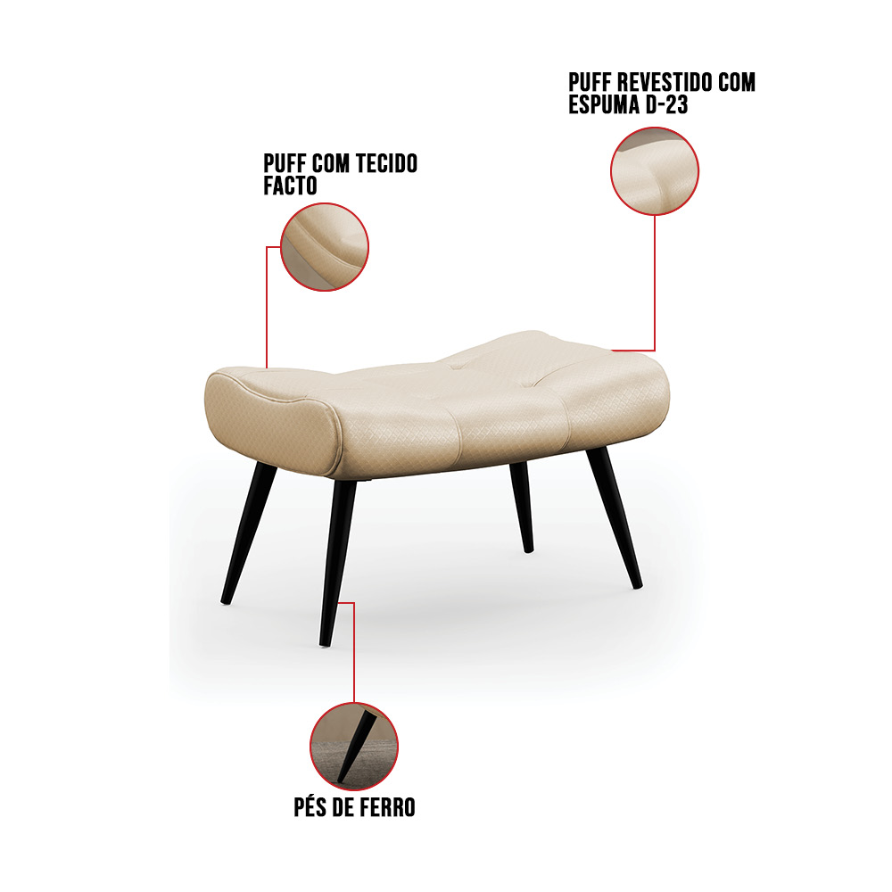 Kit 02 Puffs Sher Facto Bege Pés Palito de Ferro - D'Rossi