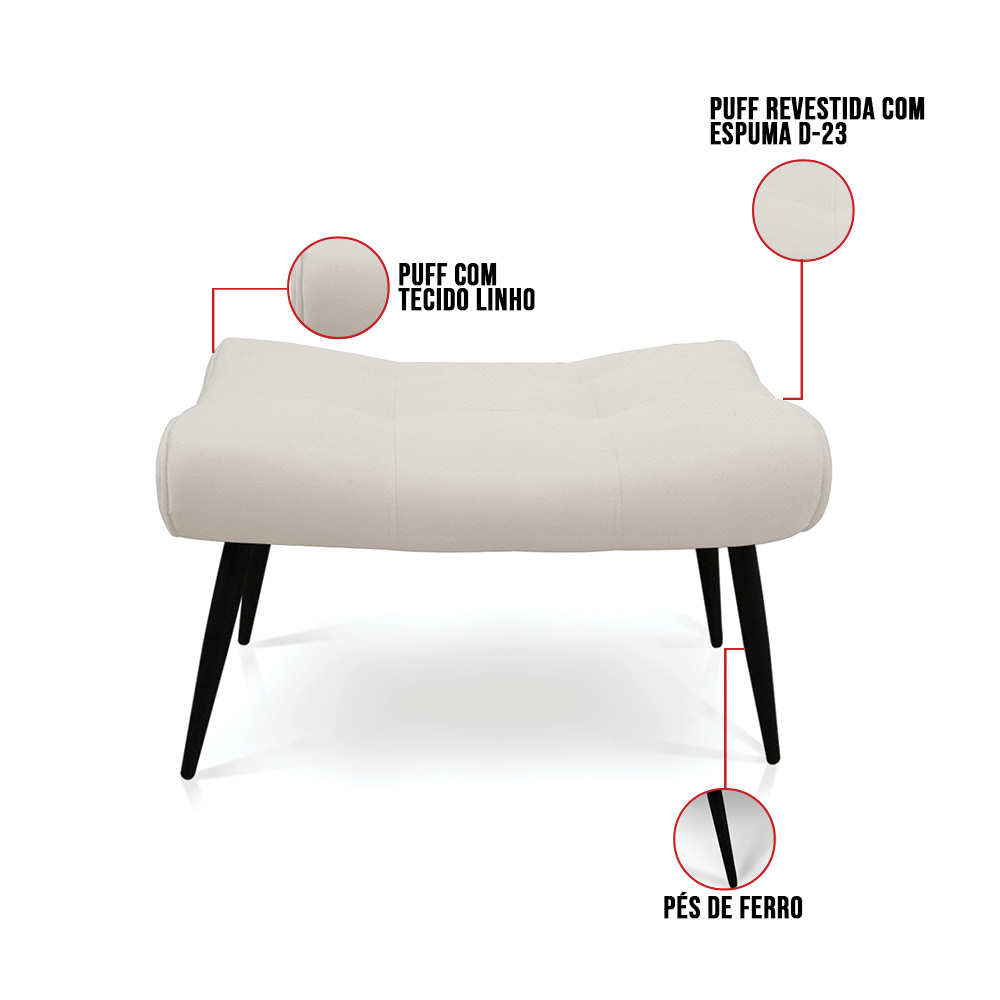 Kit 02 Puffs Sher Linho Bege A19 Pés Palito de Ferro - D'Rossi