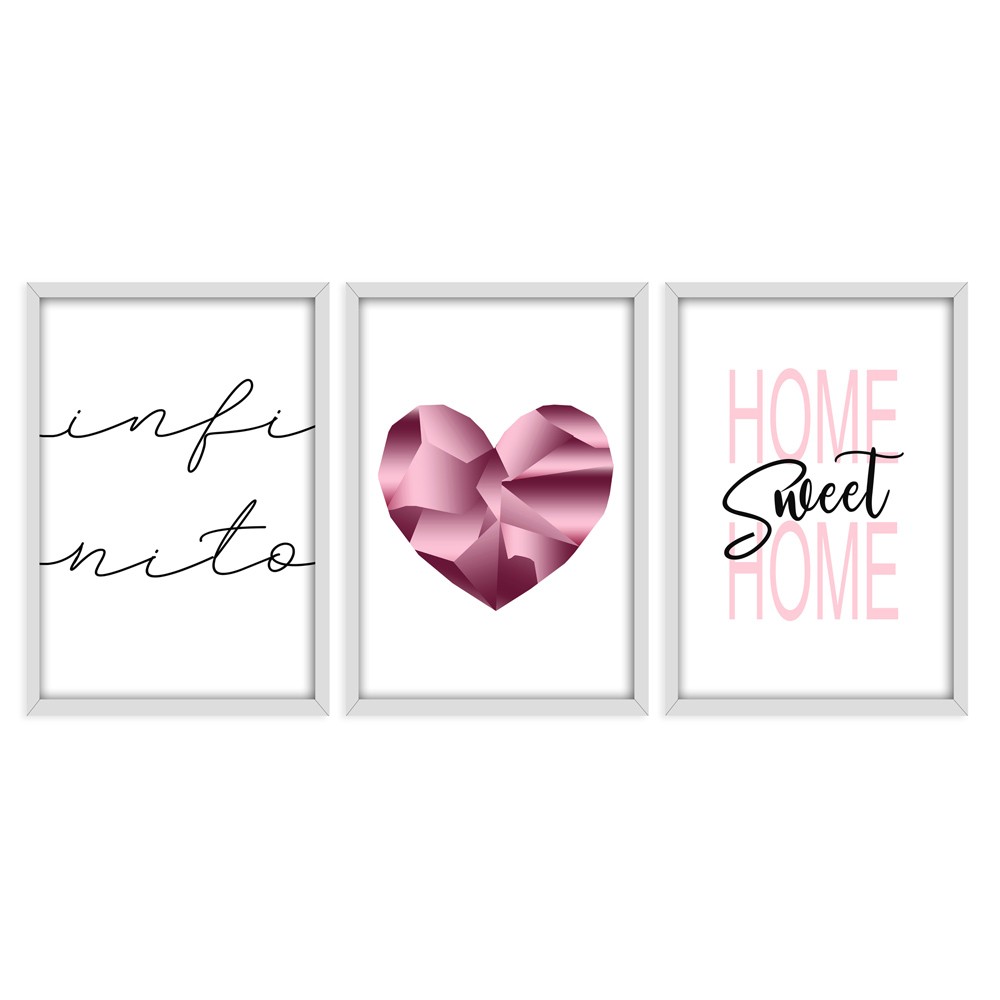 Kit 03 Quadros Decorativos "Pink Heart" 43X33X1CM - D'Rossi