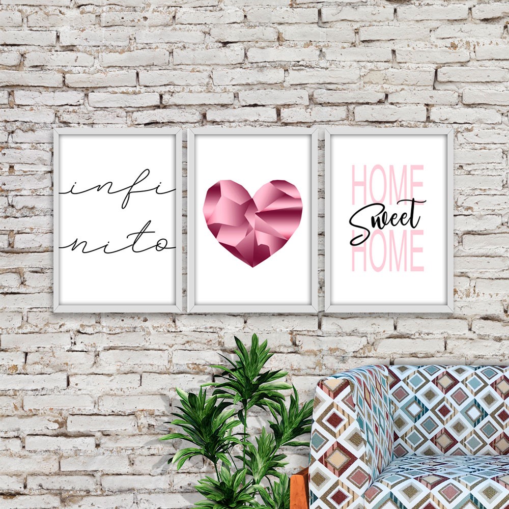 Kit 03 Quadros Decorativos "Pink Heart" 43X33X1CM - D'Rossi