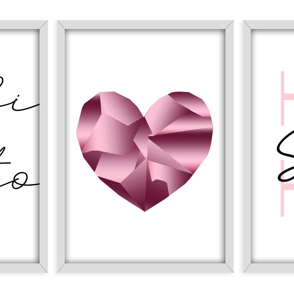 Kit 03 Quadros Decorativos "Pink Heart" 43X33X1CM - D'Rossi