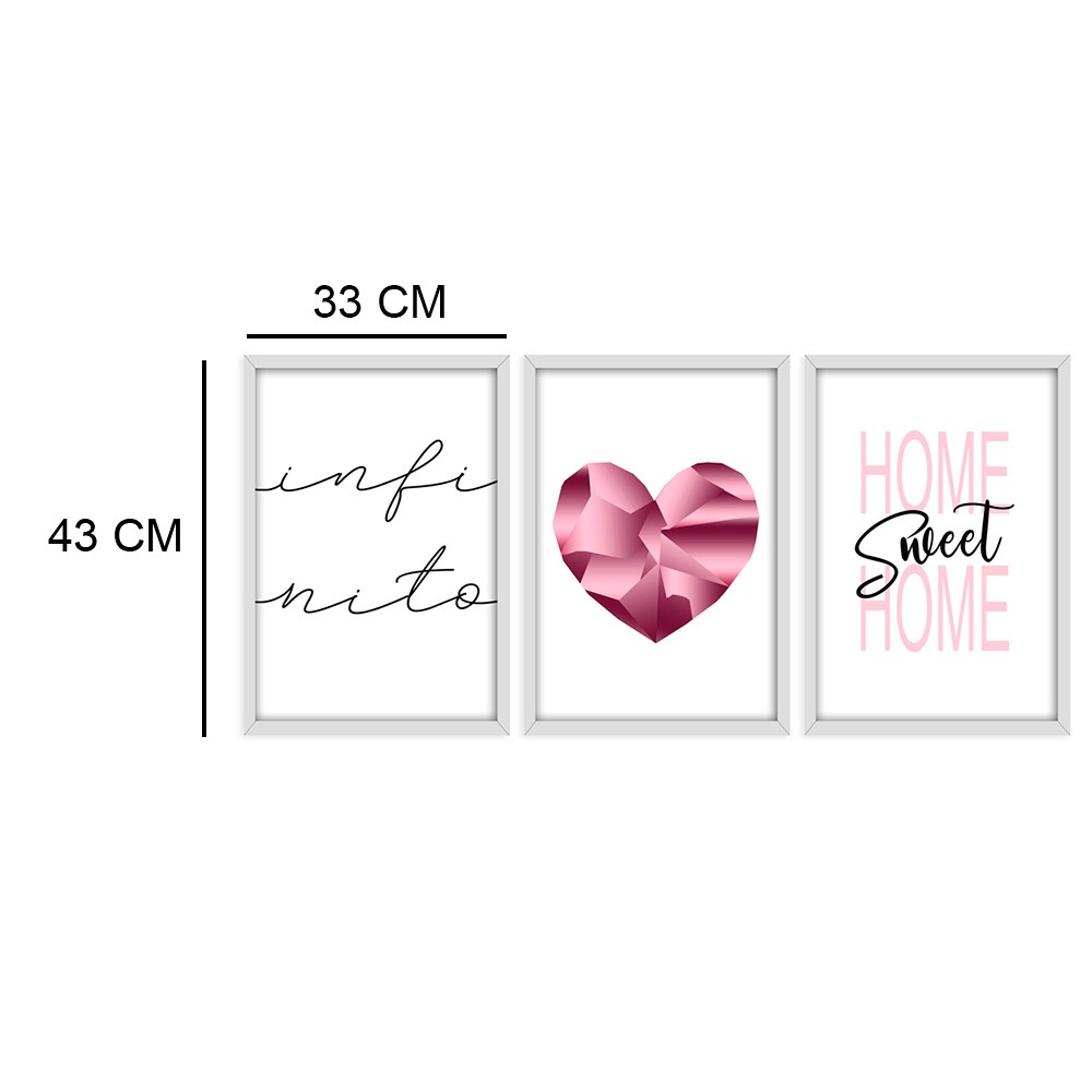 Kit 03 Quadros Decorativos "Pink Heart" 43X33X1CM - D'Rossi