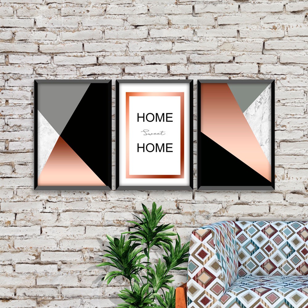 Kit 03 Quadros Decorativos Rose Gold "Home Sweet Home" 43X33X1CM - D'Rossi