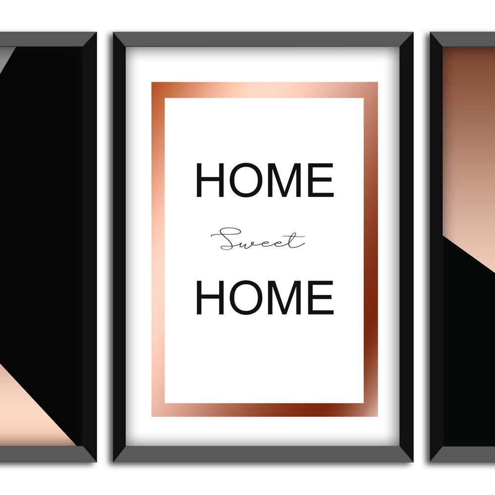 Kit 03 Quadros Decorativos Rose Gold "Home Sweet Home" 43X33X1CM - D'Rossi