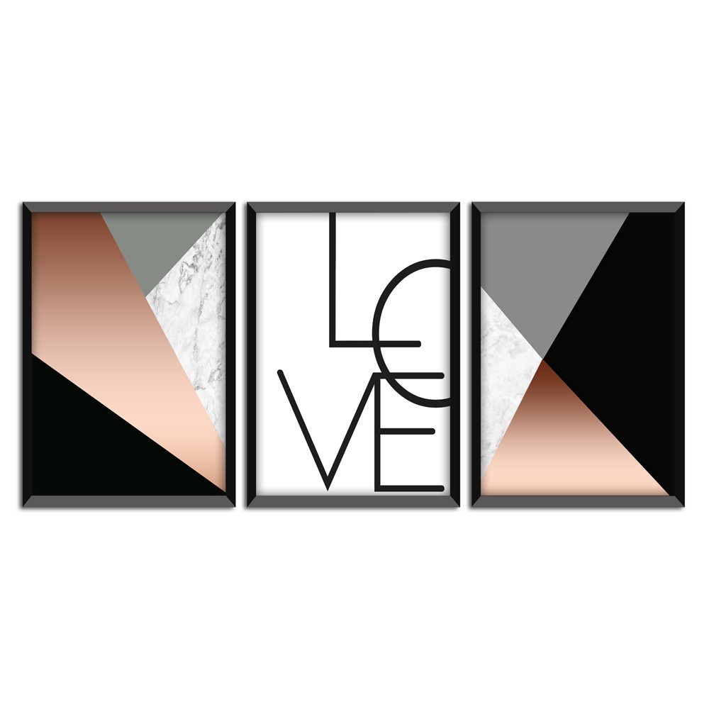 Kit 03 Quadros Decorativos Rose Gold "Love" 43X33X1CM - D'Rossi