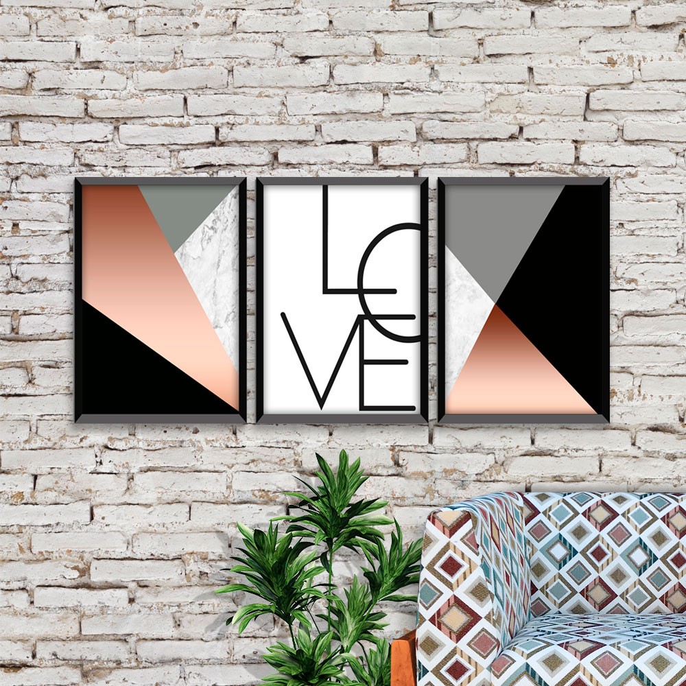 Kit 03 Quadros Decorativos Rose Gold "Love" 43X33X1CM - D'Rossi