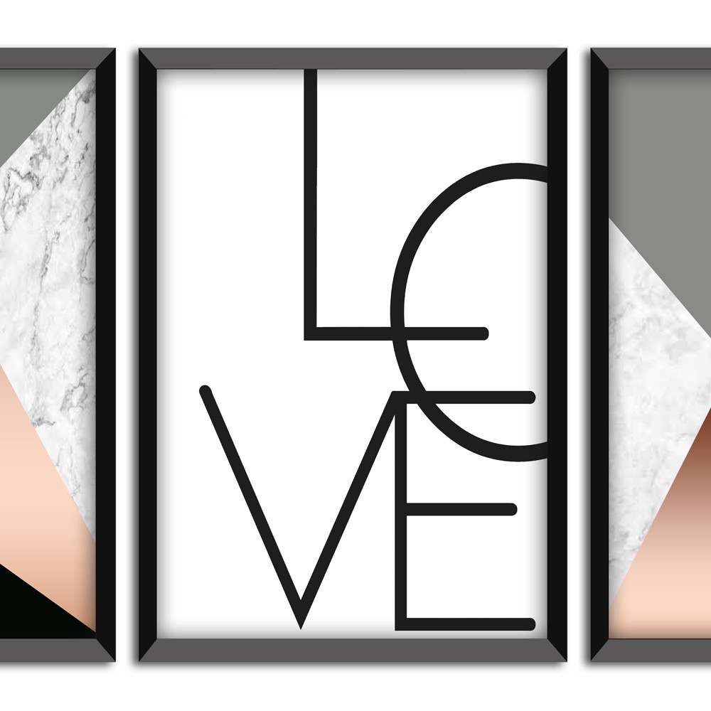 Kit 03 Quadros Decorativos Rose Gold "Love" 43X33X1CM - D'Rossi