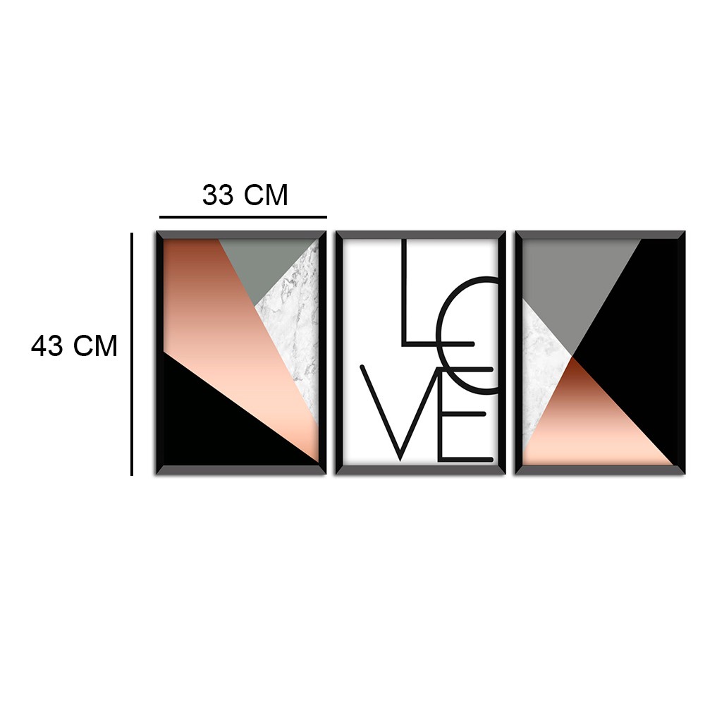 Kit 03 Quadros Decorativos Rose Gold "Love" 43X33X1CM - D'Rossi