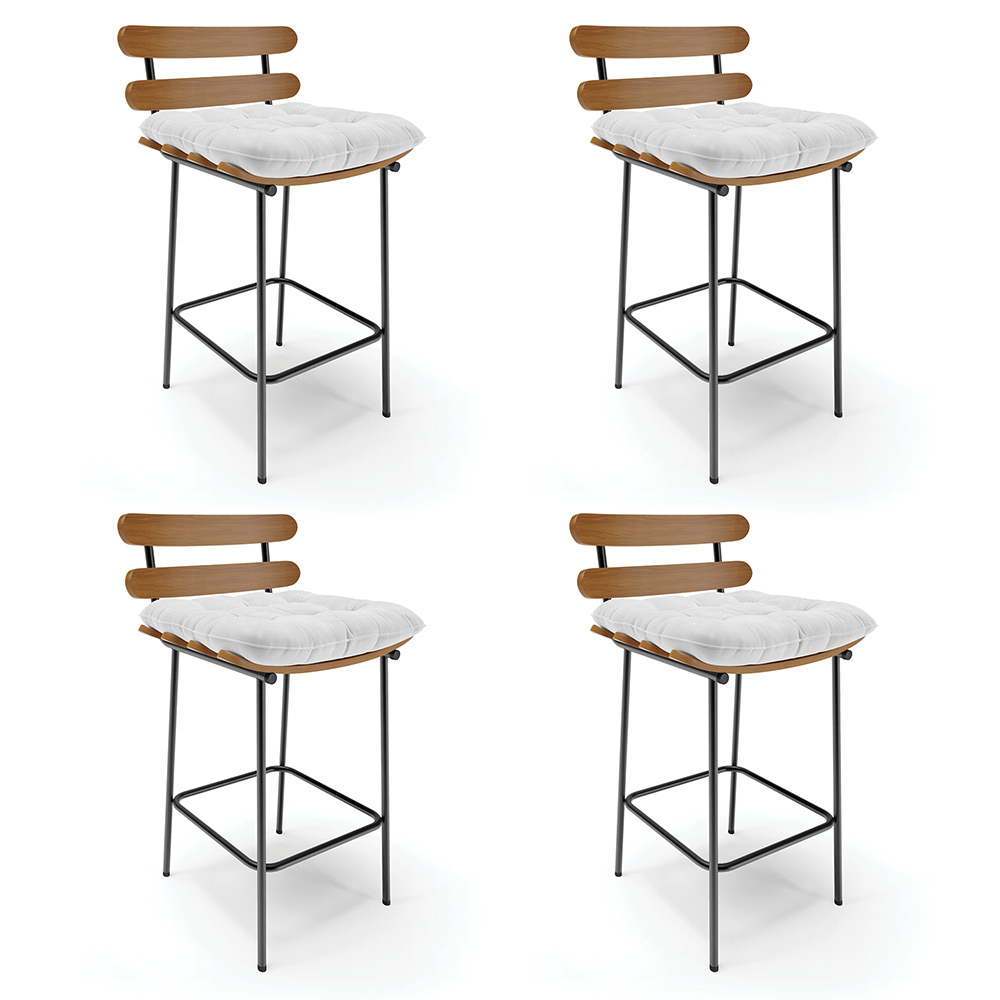 Kit 04 Banquetas Costela Corano Branco Base Metálica Preto - D'Rossi