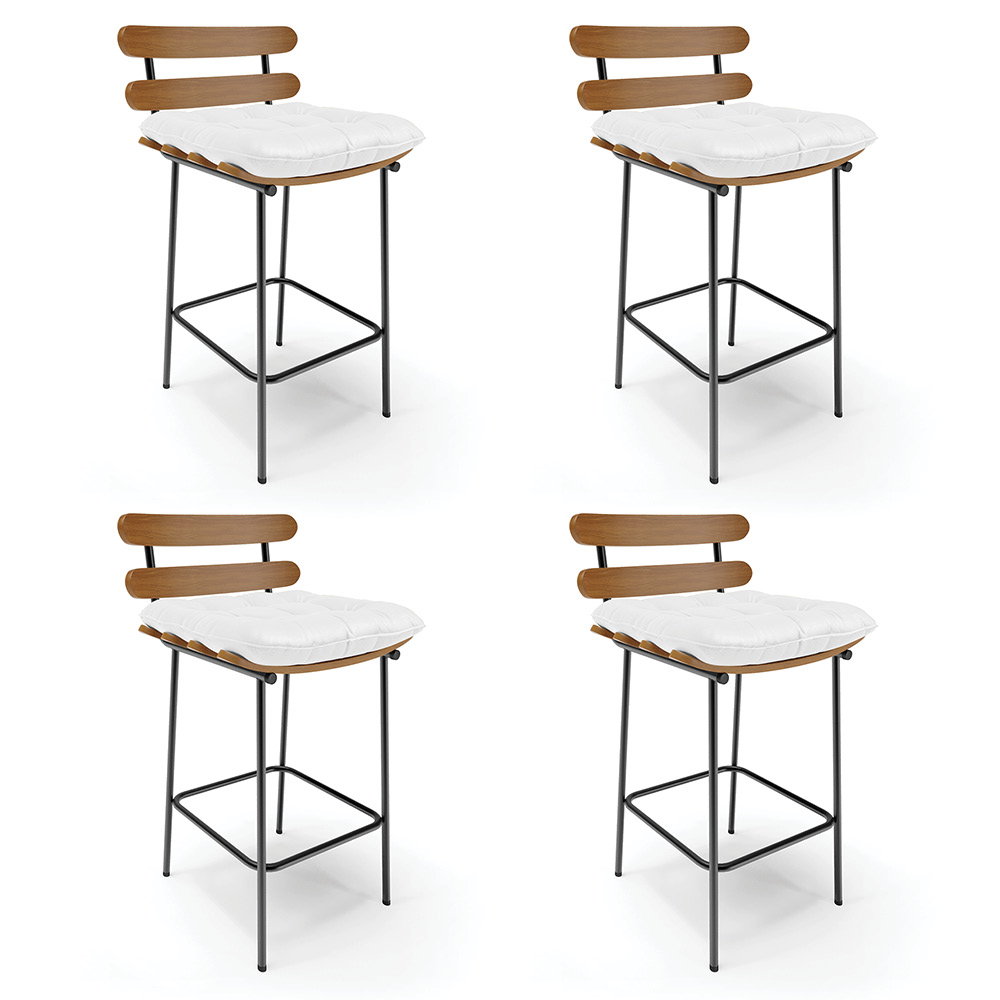 Kit 04 Banquetas Costela Corino Branco Base Metálica Preto - D'Rossi