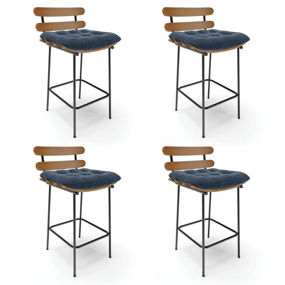 Kit 04 Banquetas Costela Suede Azul Marinho Base Metálica Preto - D'Rossi
