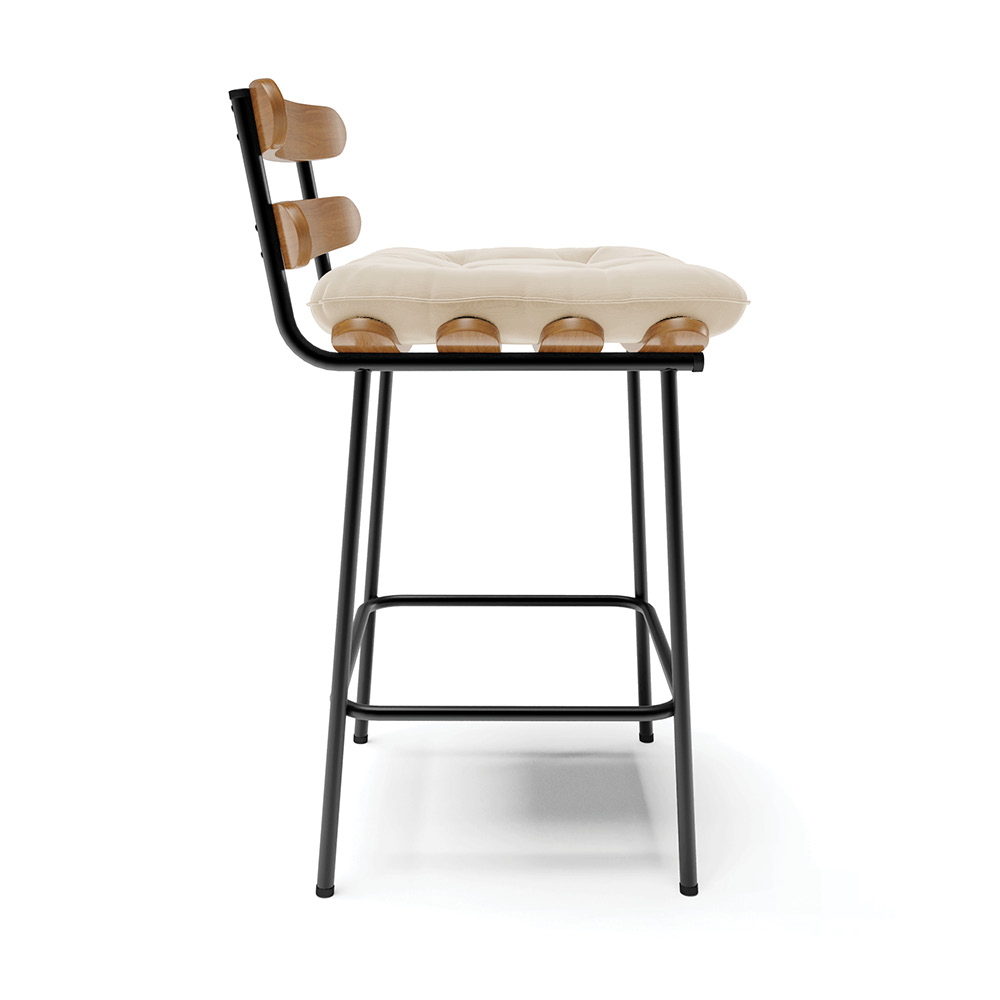 Kit 04 Banquetas Costela Suede Bege Base Metálica Preto - D'Rossi