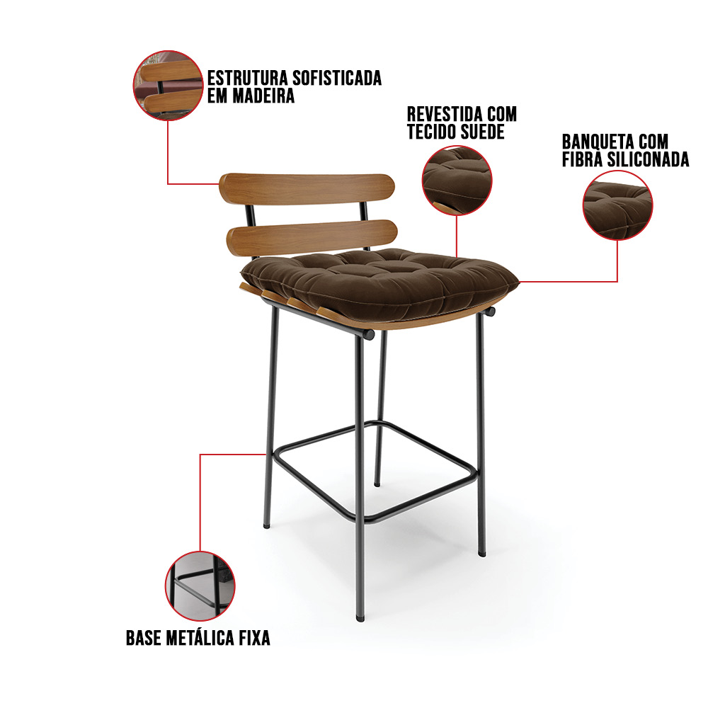 Kit 04 Banquetas Costela Suede Marrom Base Metálica Preto - D'Rossi