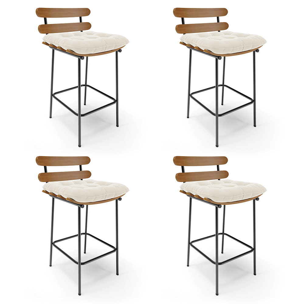 Kit 04 Banquetas Costela Veludo Bege Base Metálica Preto - D'Rossi