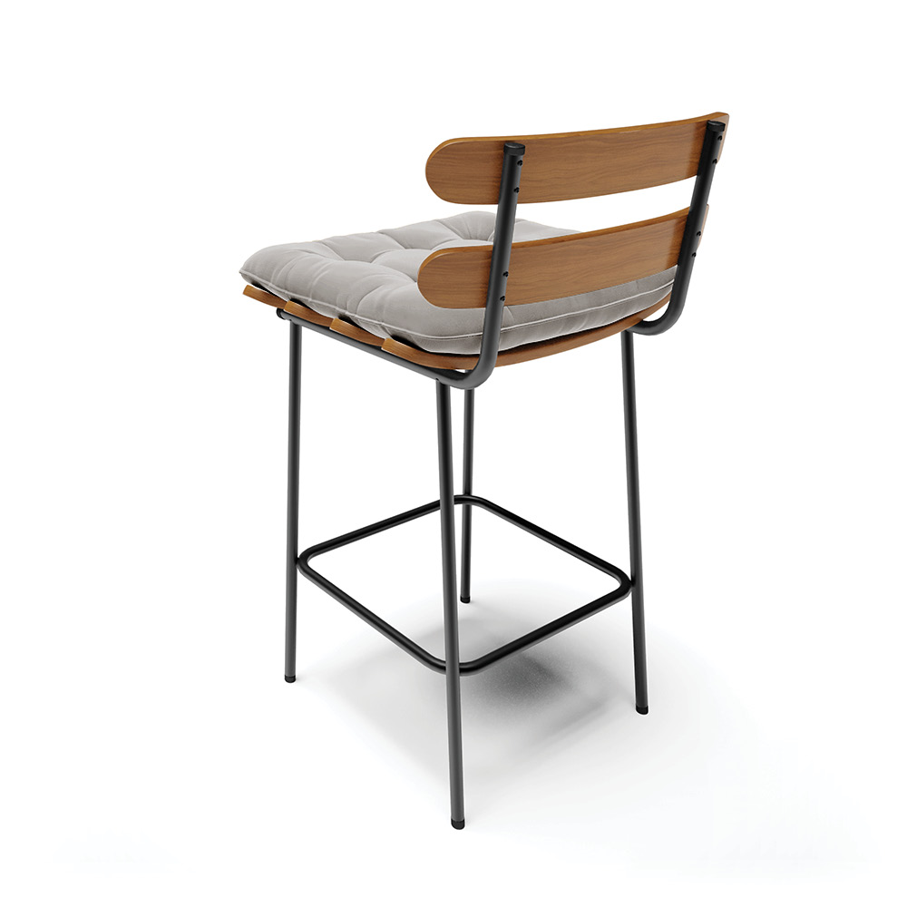Kit 04 Banquetas Costela Veludo Cinza Base Metálica Preto - D'Rossi