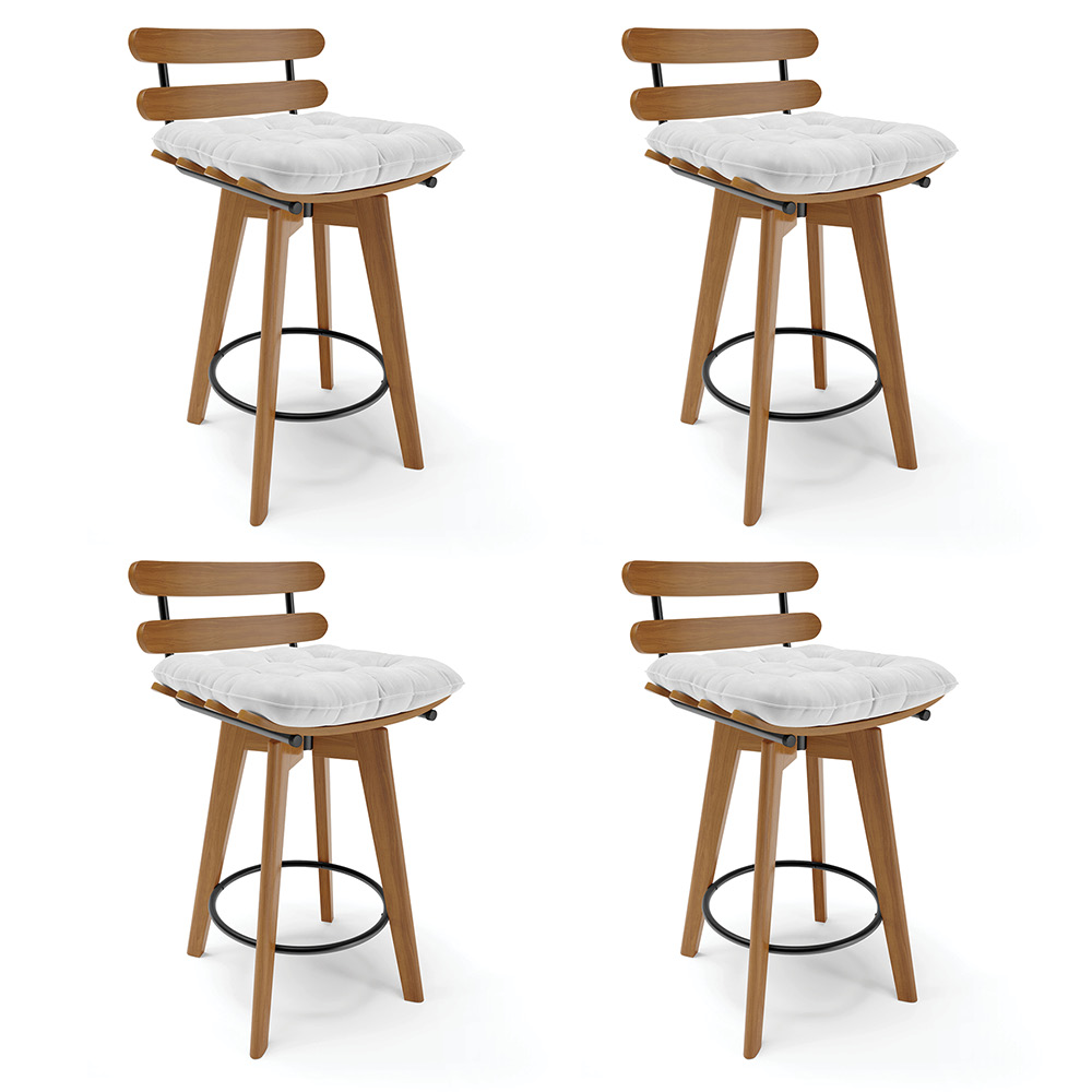 Kit 04 Banquetas Giratória Costela Corano Branco Base Madeira MA70 - D'Rossi