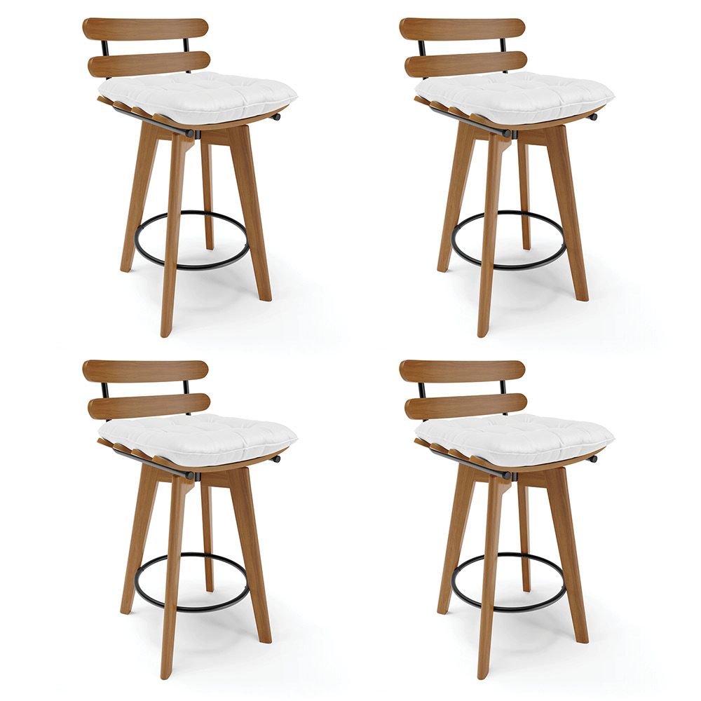 Kit 04 Banquetas Giratória Costela Corino Branco Base Madeira MA70 - D'Rossi
