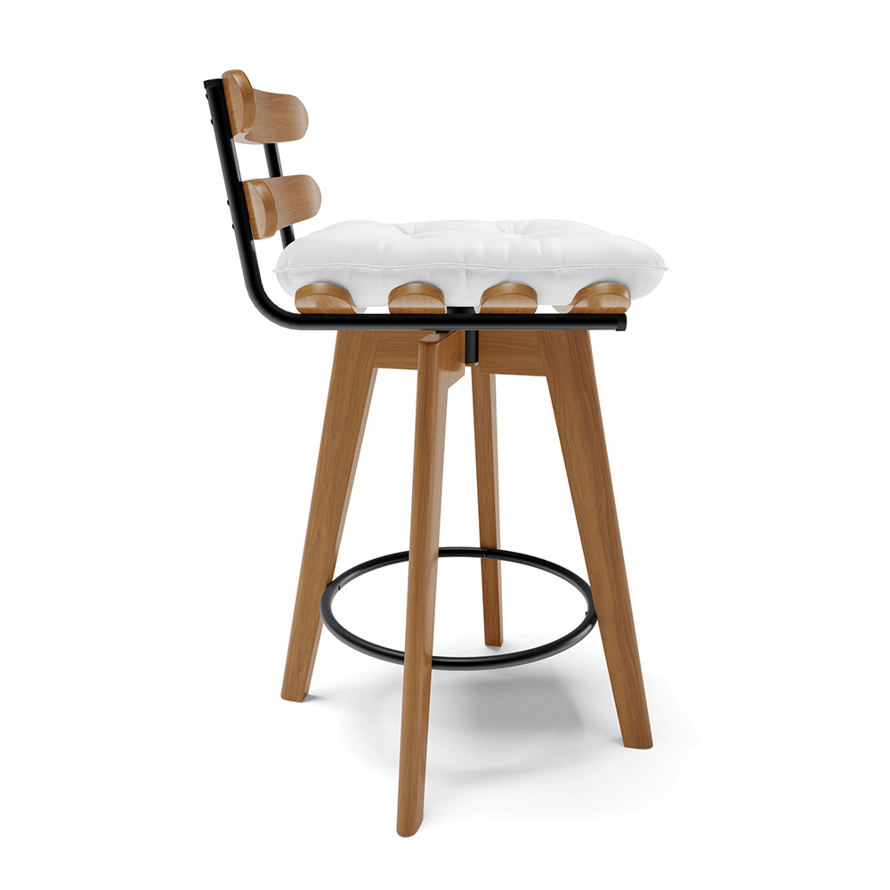 Kit 04 Banquetas Giratória Costela Corino Branco Base Madeira MA70 - D'Rossi