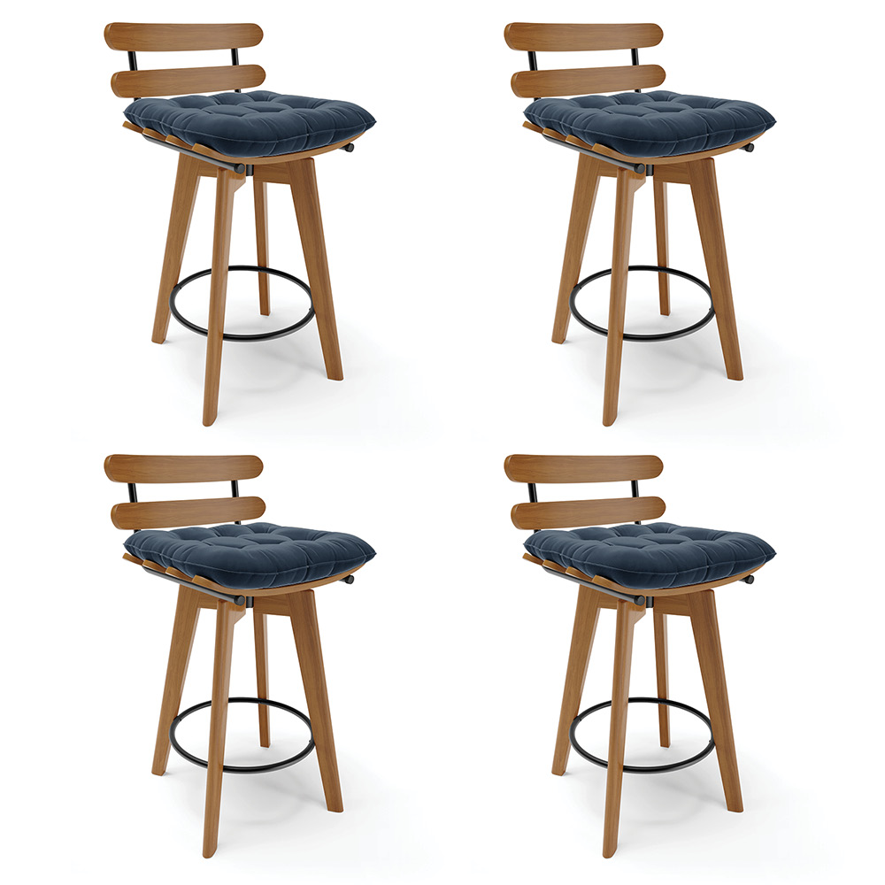 Kit 04 Banquetas Giratória Costela Suede Azul Marinho Base Madeira MA70 - D'Rossi