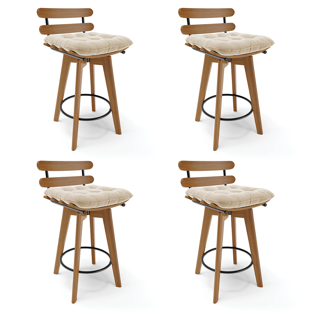 Kit 04 Banquetas Giratória Costela Suede Base Madeira MA70 - D'Rossi