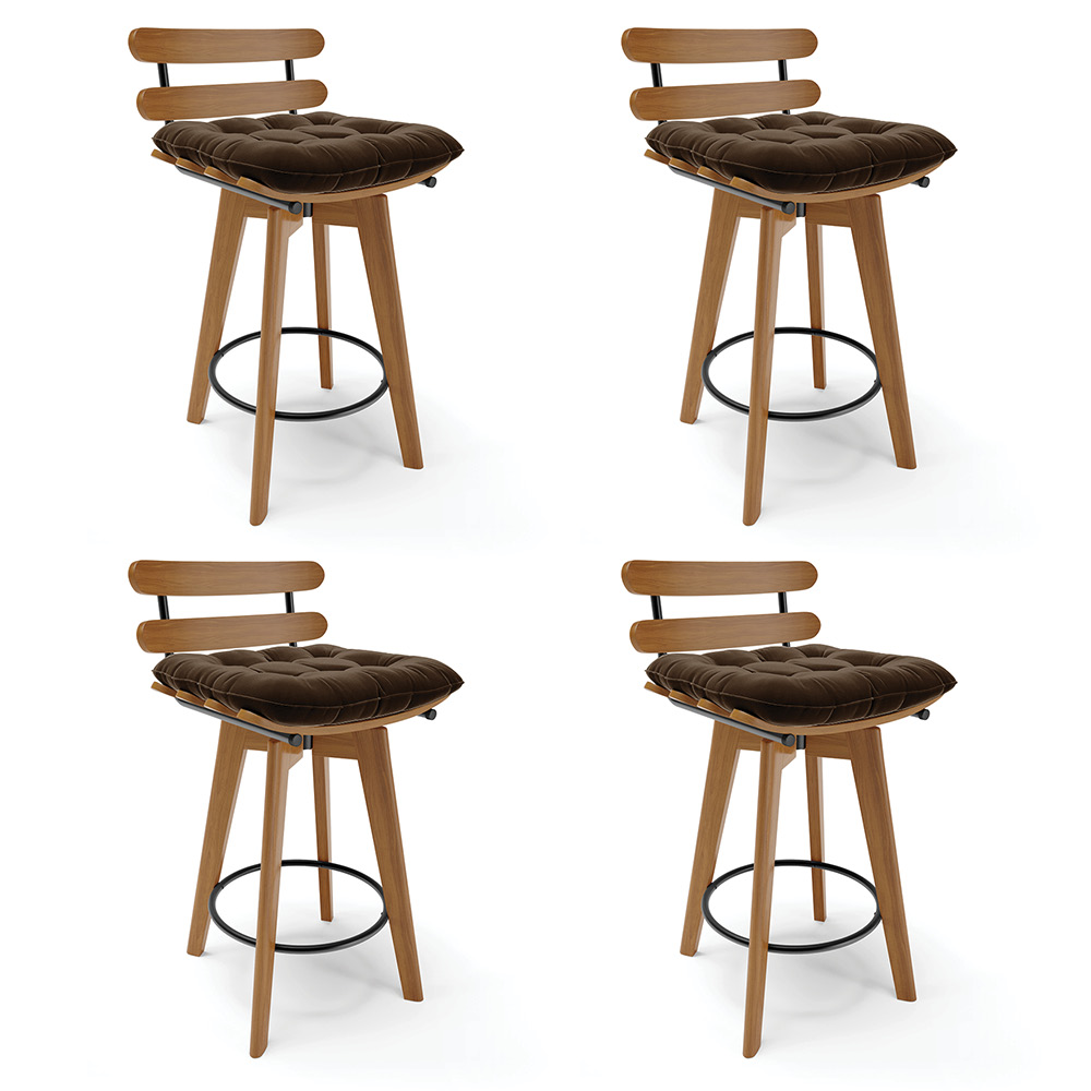 Kit 04 Banquetas Giratória Costela Suede Marrom Base Madeira MA70 - D'Rossi