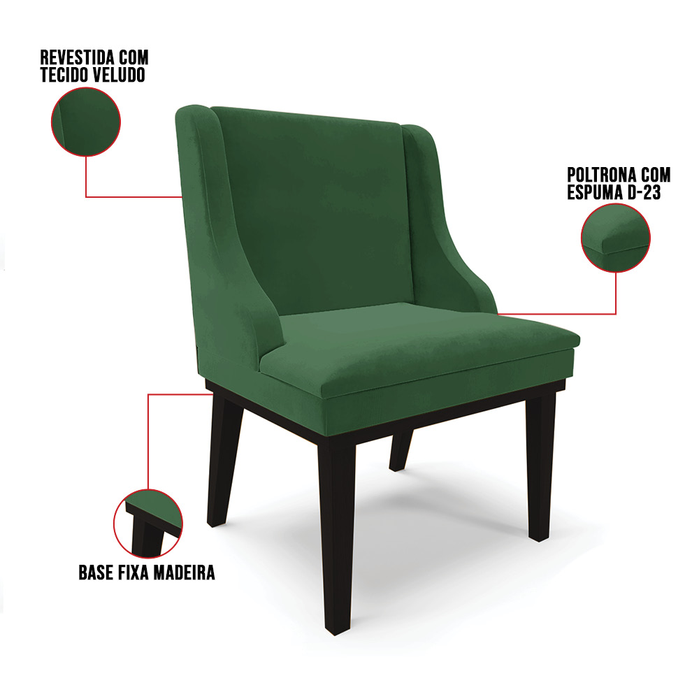 Kit 04 Cadeiras de Jantar Liz Veludo Verde Base Fixa Madeira Preto - D'Rossi