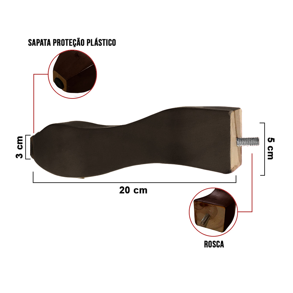 Kit 04 Pés Retrô Tabaco 20cm com Rosca Metal para Móveis D10 - D'Rossi