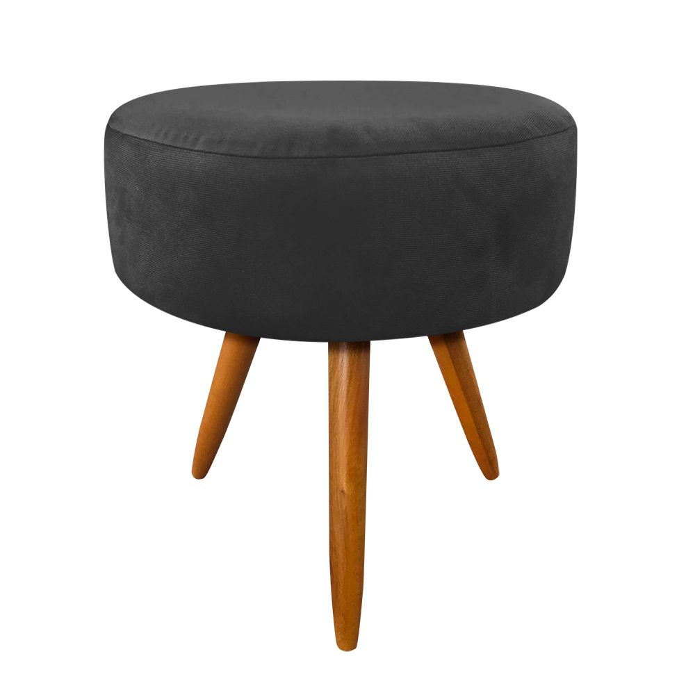 Kit 04 Puffs Banqueta Berlim Redondo Suede Preto Pés Castanho D'Rossi