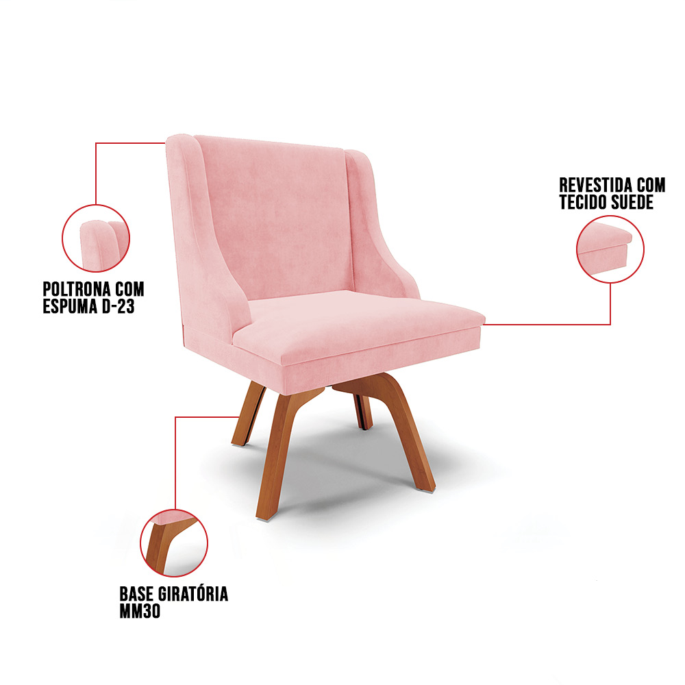 Kit 06 Cadeiras de Jantar Liz Suede Rosa Bebê Base Giratória de Madeira MM35 - D'Rossi