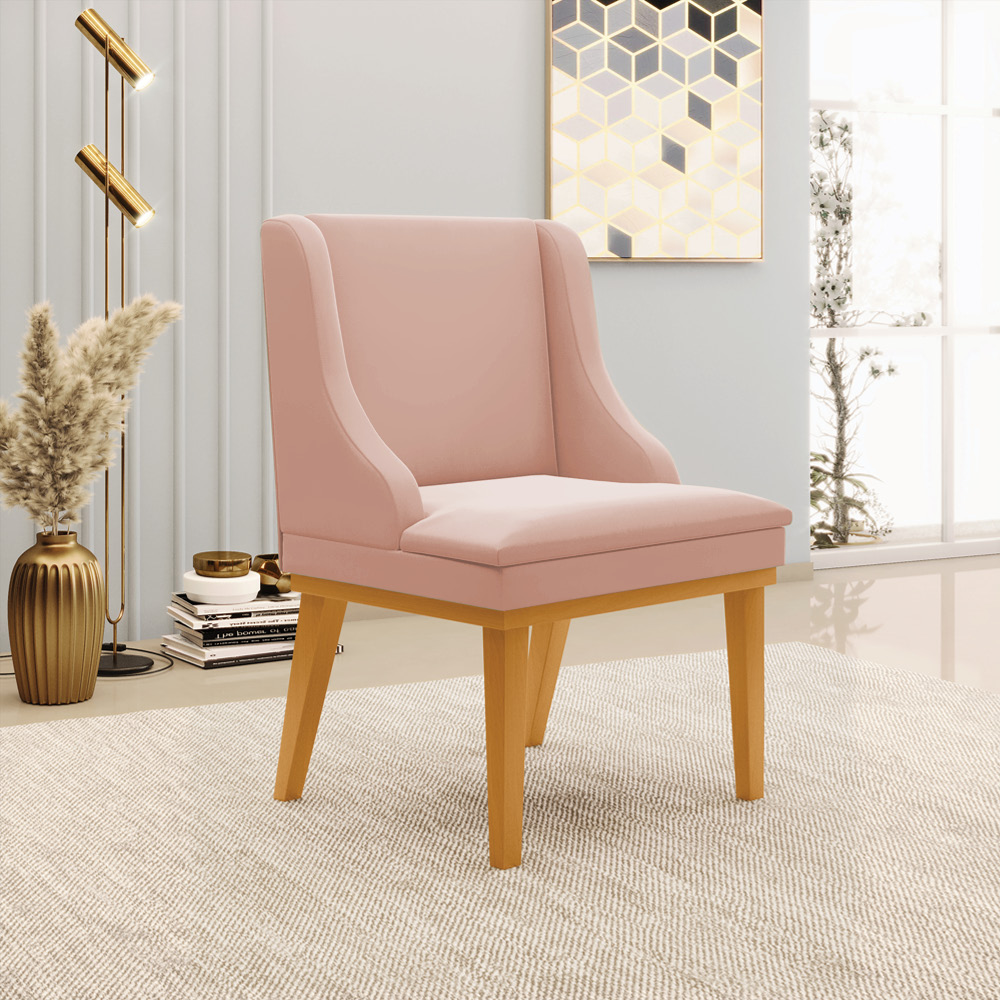 Kit 08 Cadeiras de Jantar Liz Veludo Rosê Base Fixa Madeira Castanho - D'Rossi