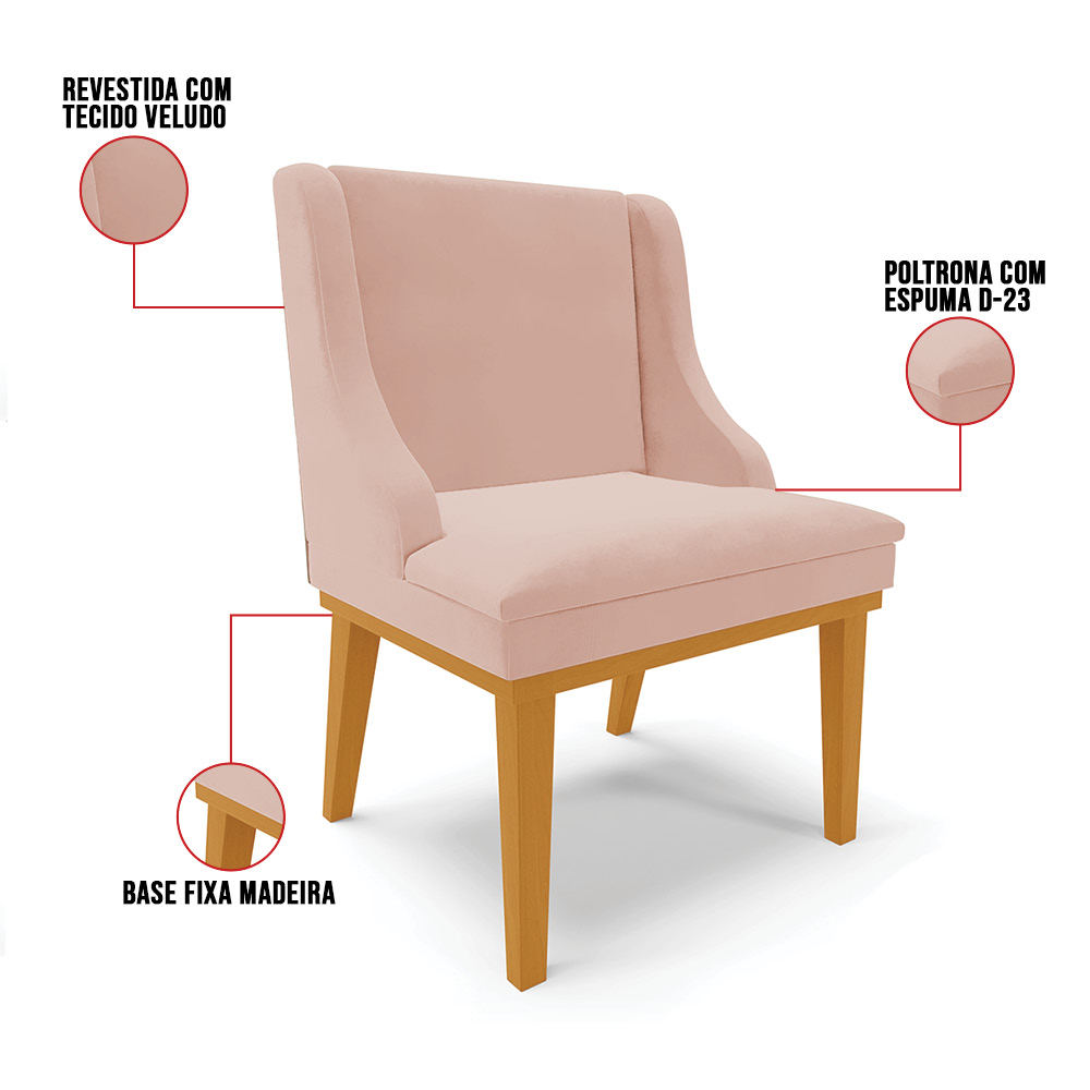 Kit 08 Cadeiras de Jantar Liz Veludo Rosê Base Fixa Madeira Castanho - D'Rossi