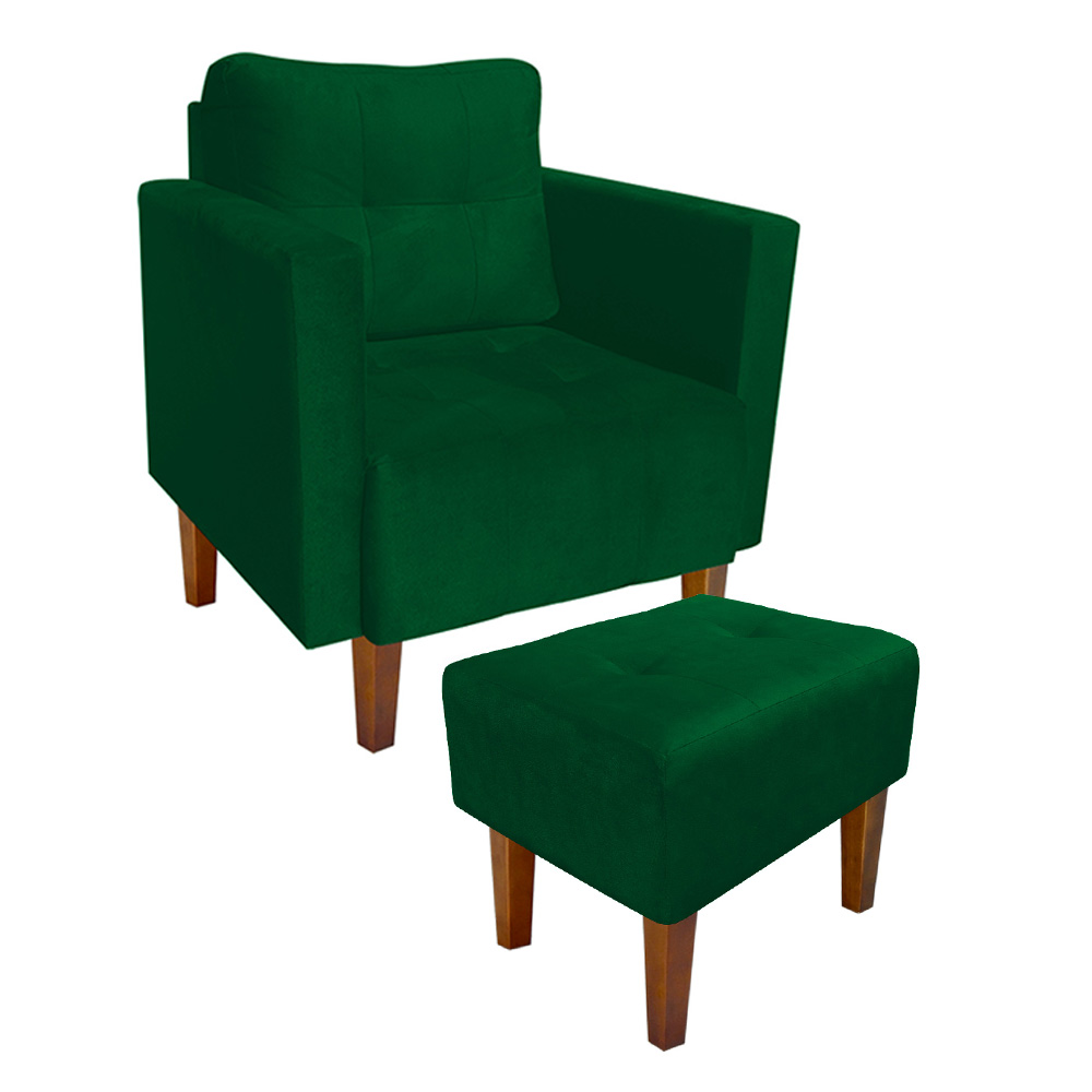 Kit 1 Poltrona e 1 Puff Livia Suede Verde Pés Chanfrado Castanho - D'Rossi