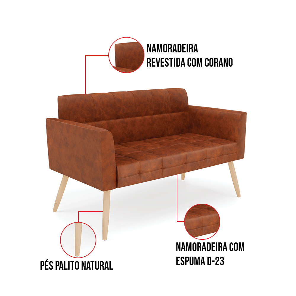 Kit 1 Sofá Namoradeira e 1 Poltrona Elisa Corano Nozes Pés Palito Natural - D'Rossi