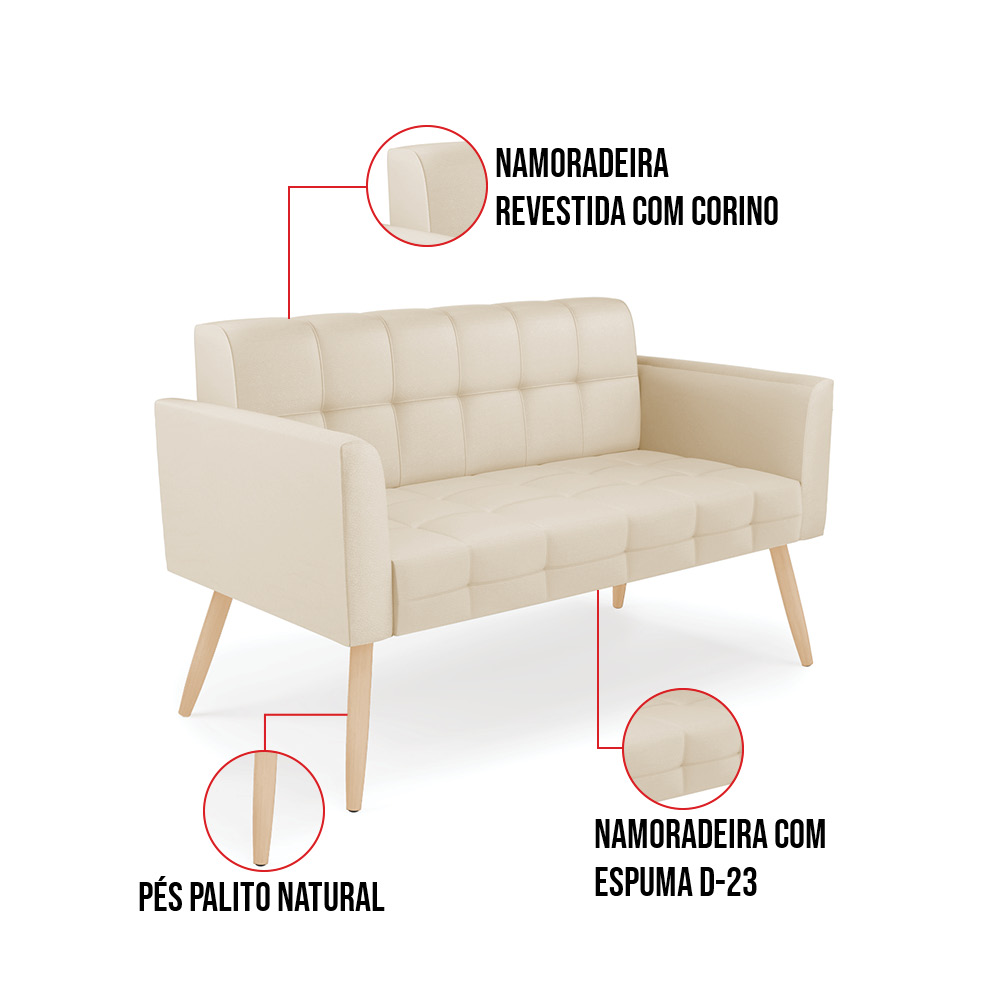 Kit 1 Sofá Namoradeira e 1 Poltrona Elisa Corino Bege Pés Palito Natural - D'Rossi