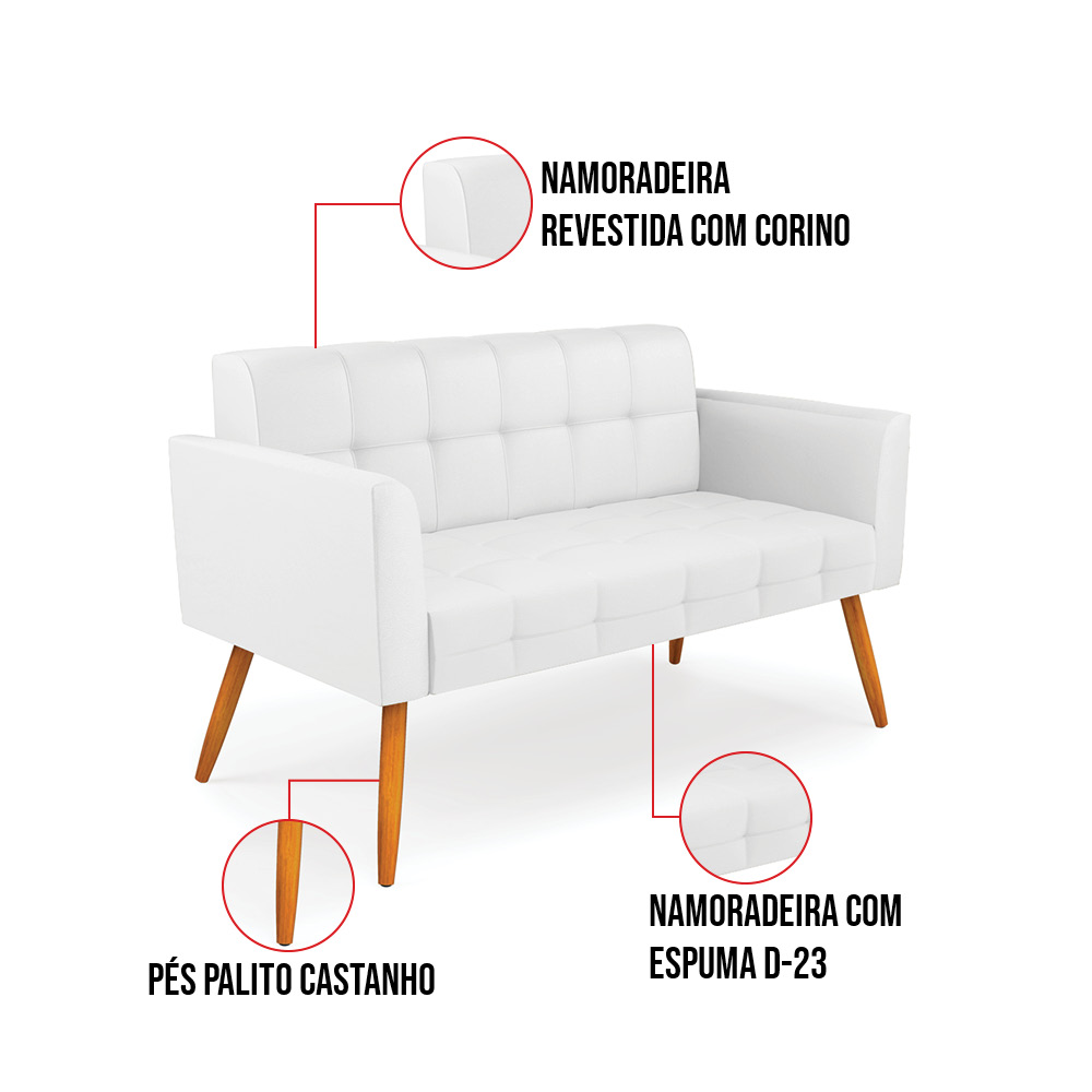 Kit 1 Sofá Namoradeira e 1 Poltrona Elisa Corino Branco Pés Palito Castanho - D'Rossi