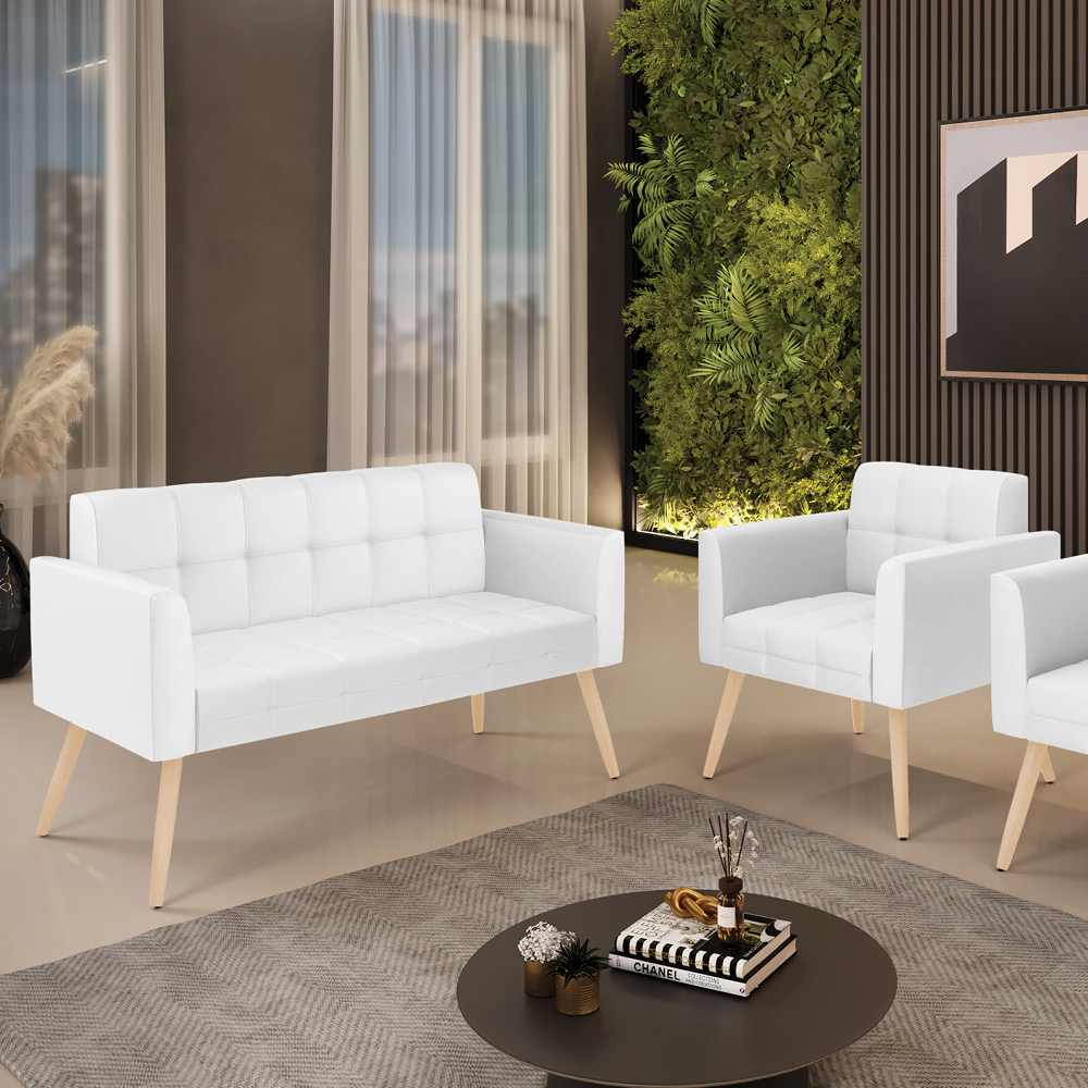 Kit 1 Sofá Namoradeira e 1 Poltrona Elisa Corino Branco Pés Palito Natural - D'Rossi