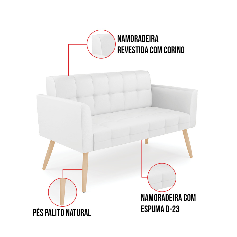 Kit 1 Sofá Namoradeira e 1 Poltrona Elisa Corino Branco Pés Palito Natural - D'Rossi