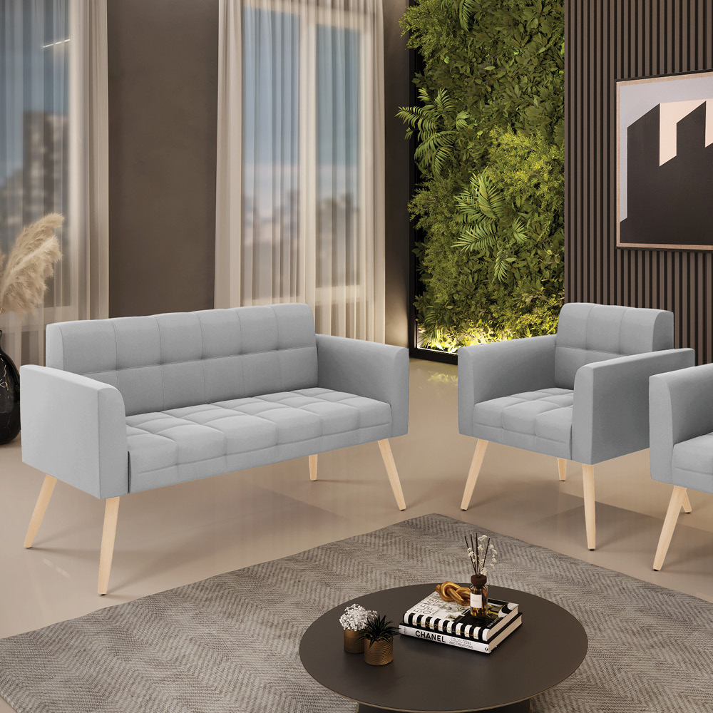 Kit 1 Sofá Namoradeira e 1 Poltrona Elisa Suede Cinza Pés Palito Natural - D'Rossi