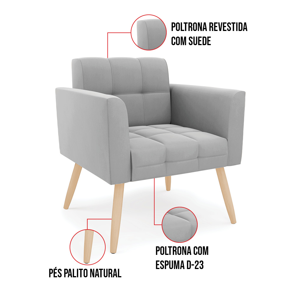Kit 1 Sofá Namoradeira e 1 Poltrona Elisa Suede Cinza Pés Palito Natural - D'Rossi